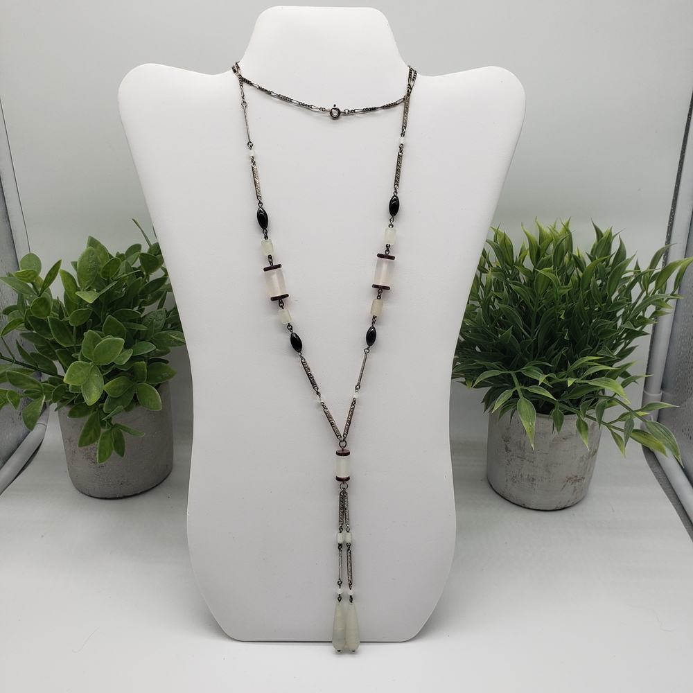 Silver, White Satin and Black Beaded Costume Necklace